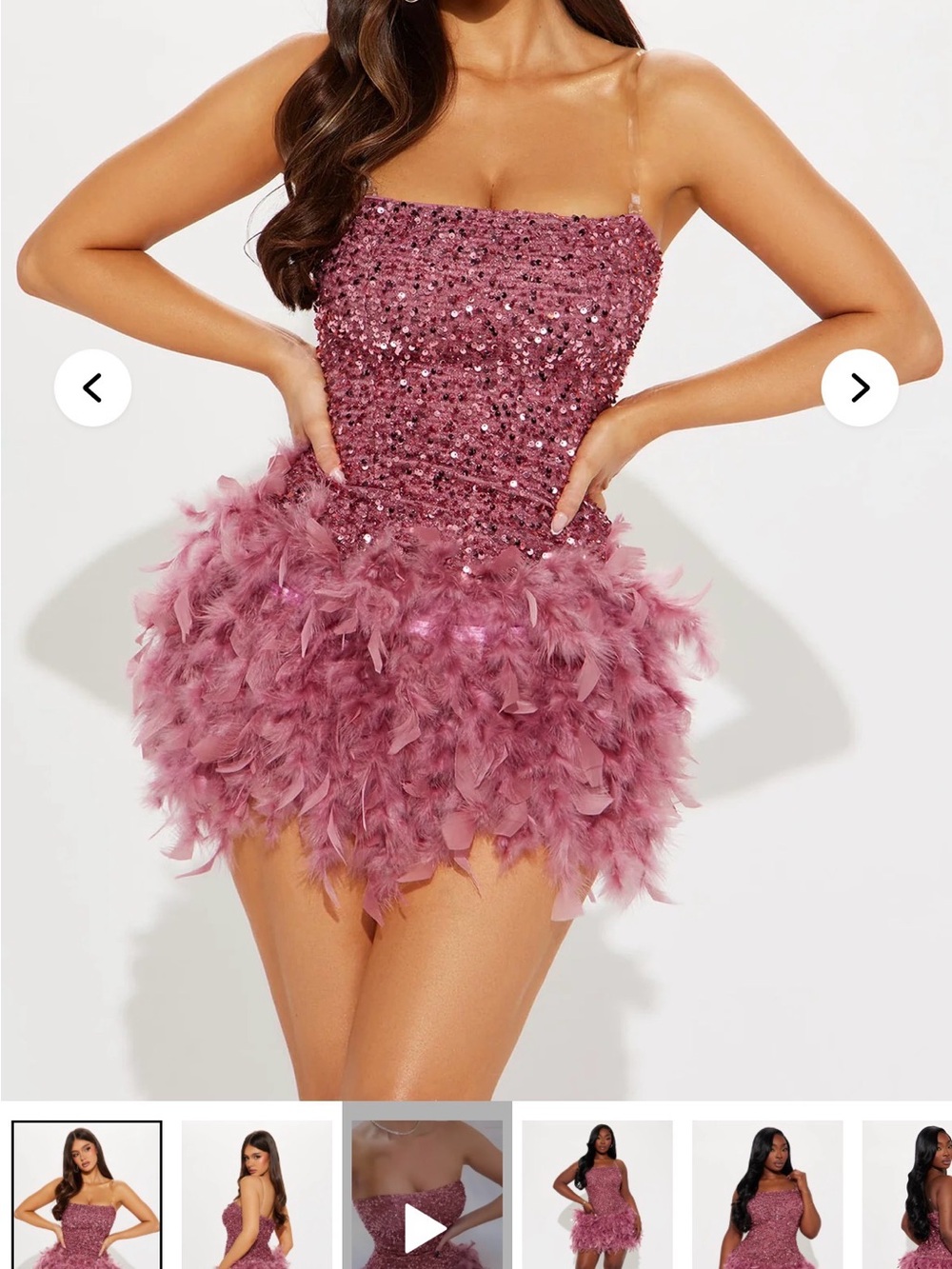 Fashion Nova Mauve Sequin & Feather Strapless Mini Dress